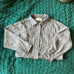Cropped distressed gray denim jacket. Lightweight.